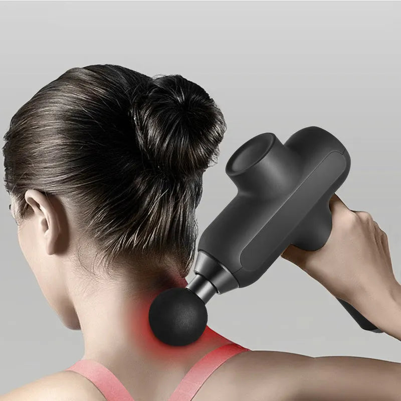 Rechargeable muscle massager with six black massage heads in Deep Rock Black colour.