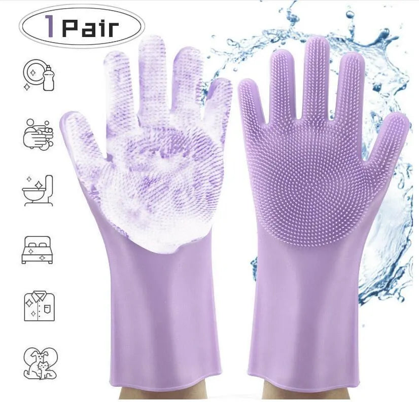 Blue silicone cleaning gloves with textured scrubbing patterns on fingers and palms.
