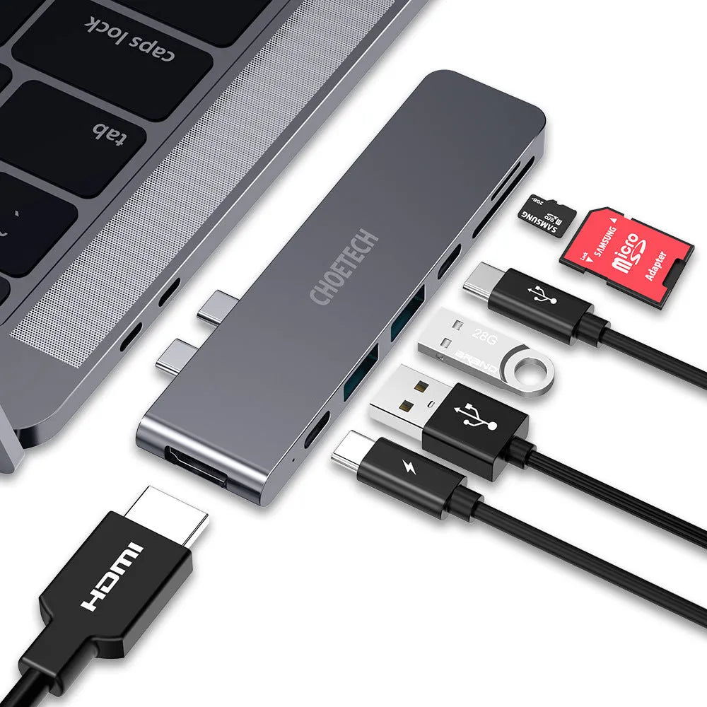 Type C adapter with SD and Micro SD card slots, HDMI, USB 3.0, and charging ports