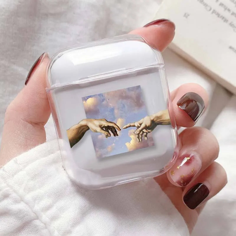 Transparent plastic AirPods protective cover showing Apple device inside with colour variation options