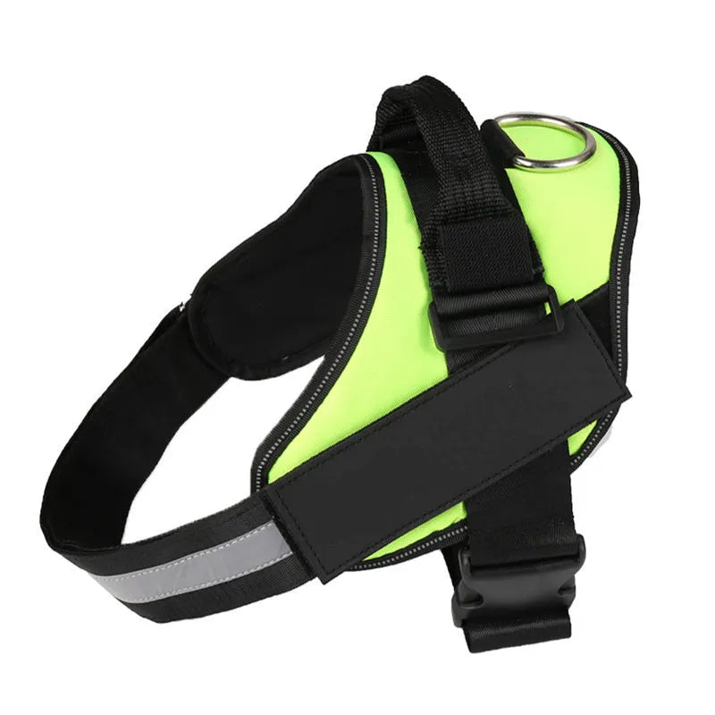 Adjustable no-pull dog harness vest with reflective strips and a chest strap, shown in various colours