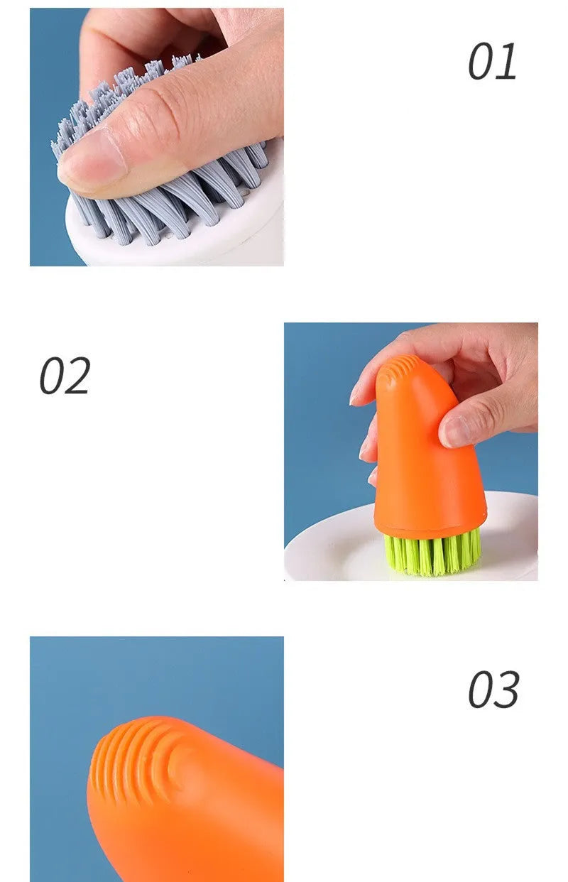 White and orange carrot-shaped nylon kitchen cleaning brush with dense bristles.