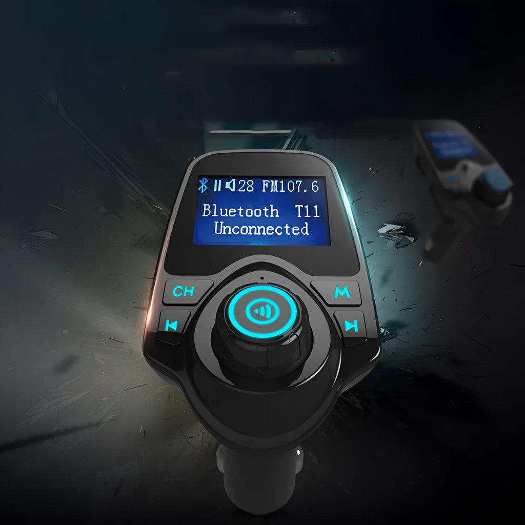 Black car Bluetooth FM transmitter with USB port and memory card slot for hands-free calling and music playback