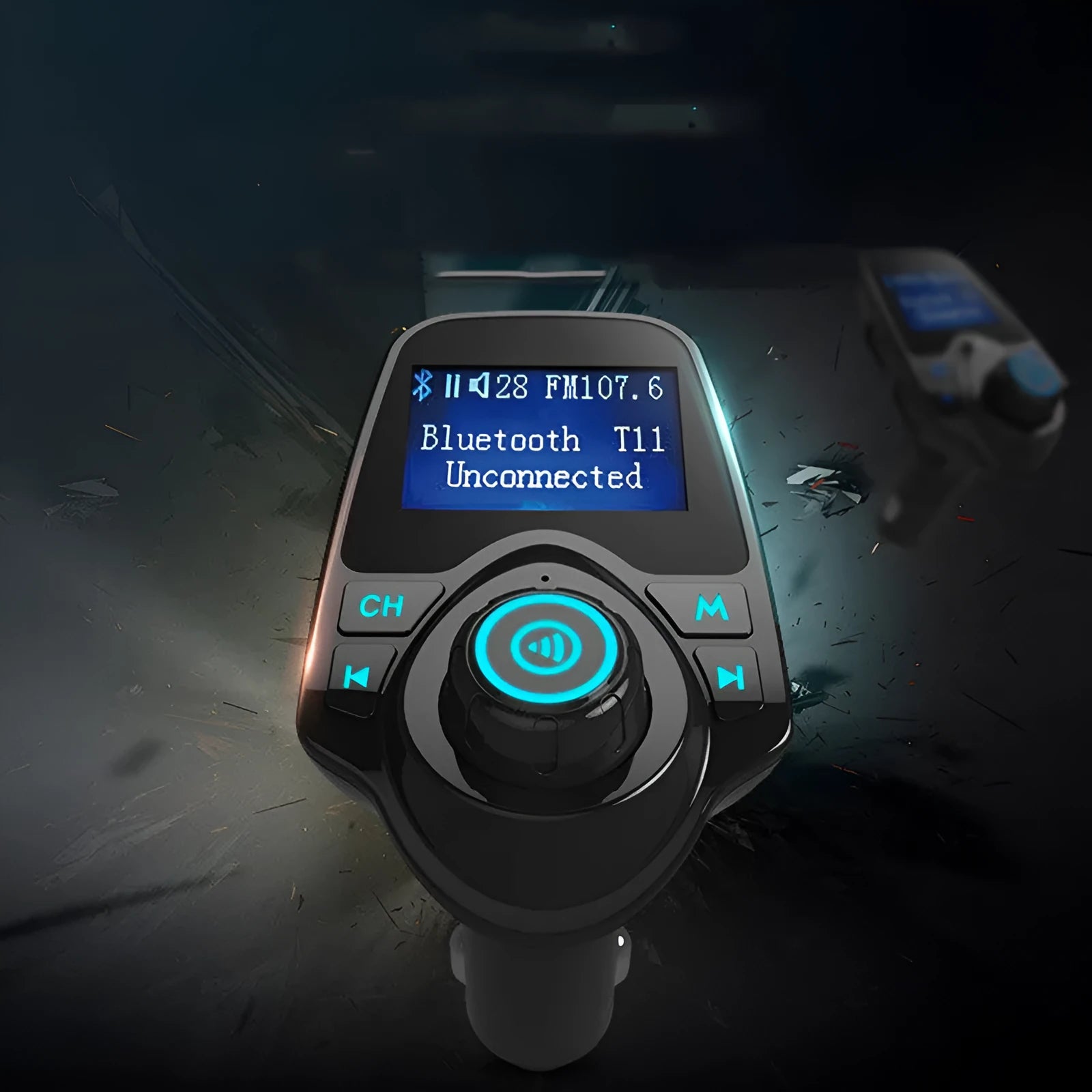 Black car Bluetooth FM transmitter with USB port and memory card slot for hands-free calling and music playback