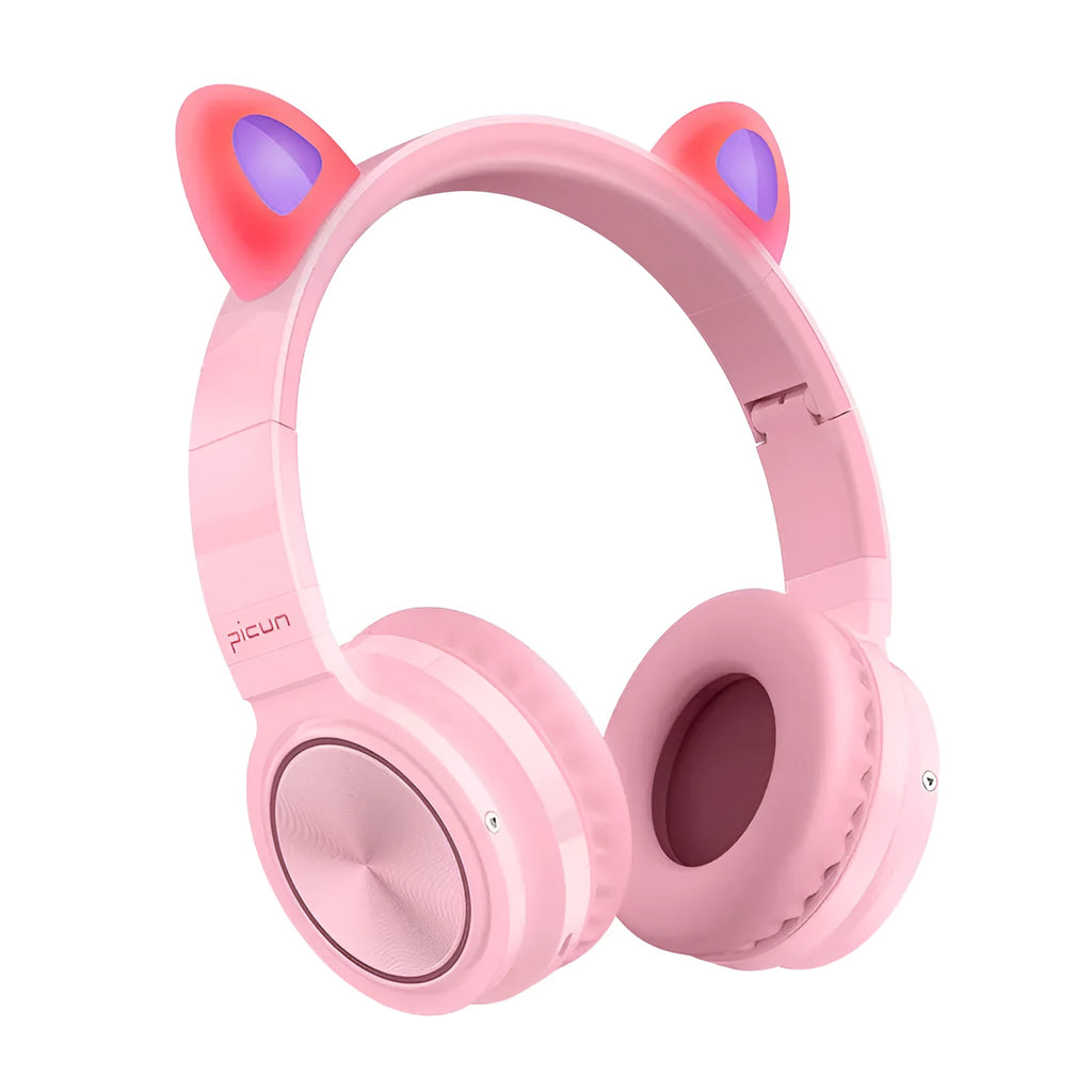 Pink and white wireless Bluetooth headphones with head-mounted design and braided cable