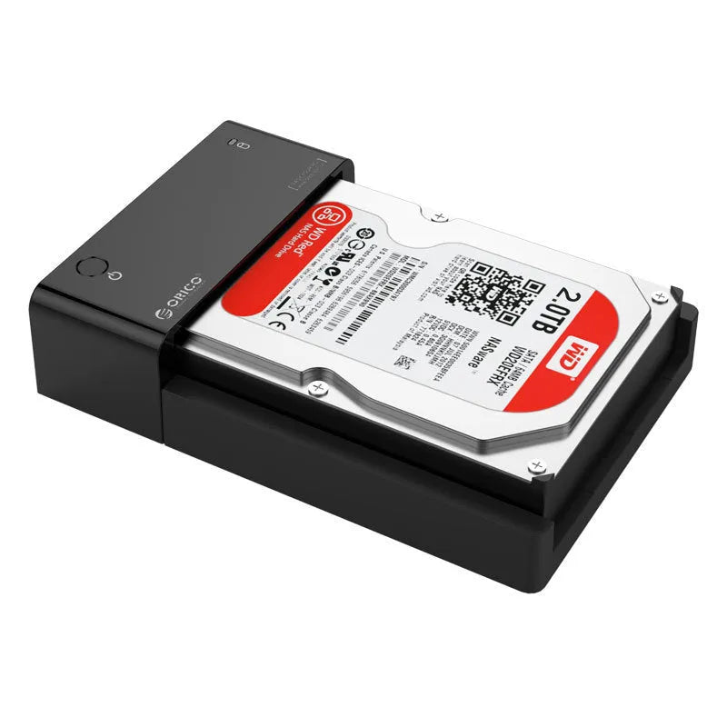 Black plastic 2.5-inch SATA hard drive enclosure with USB 3.0 cable for portable external storage