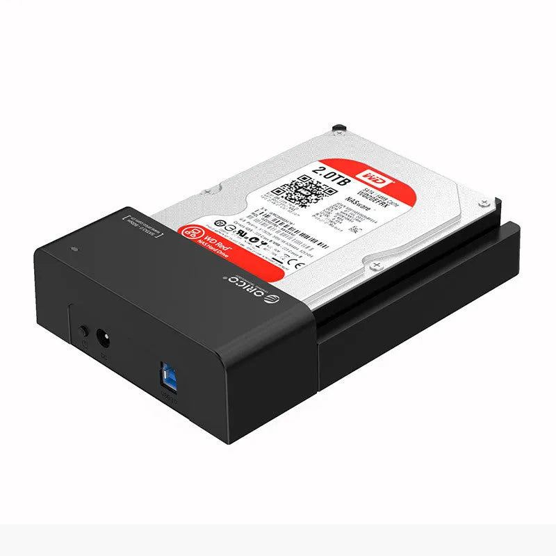 Black plastic 2.5-inch SATA hard drive enclosure with USB 3.0 cable for portable external storage