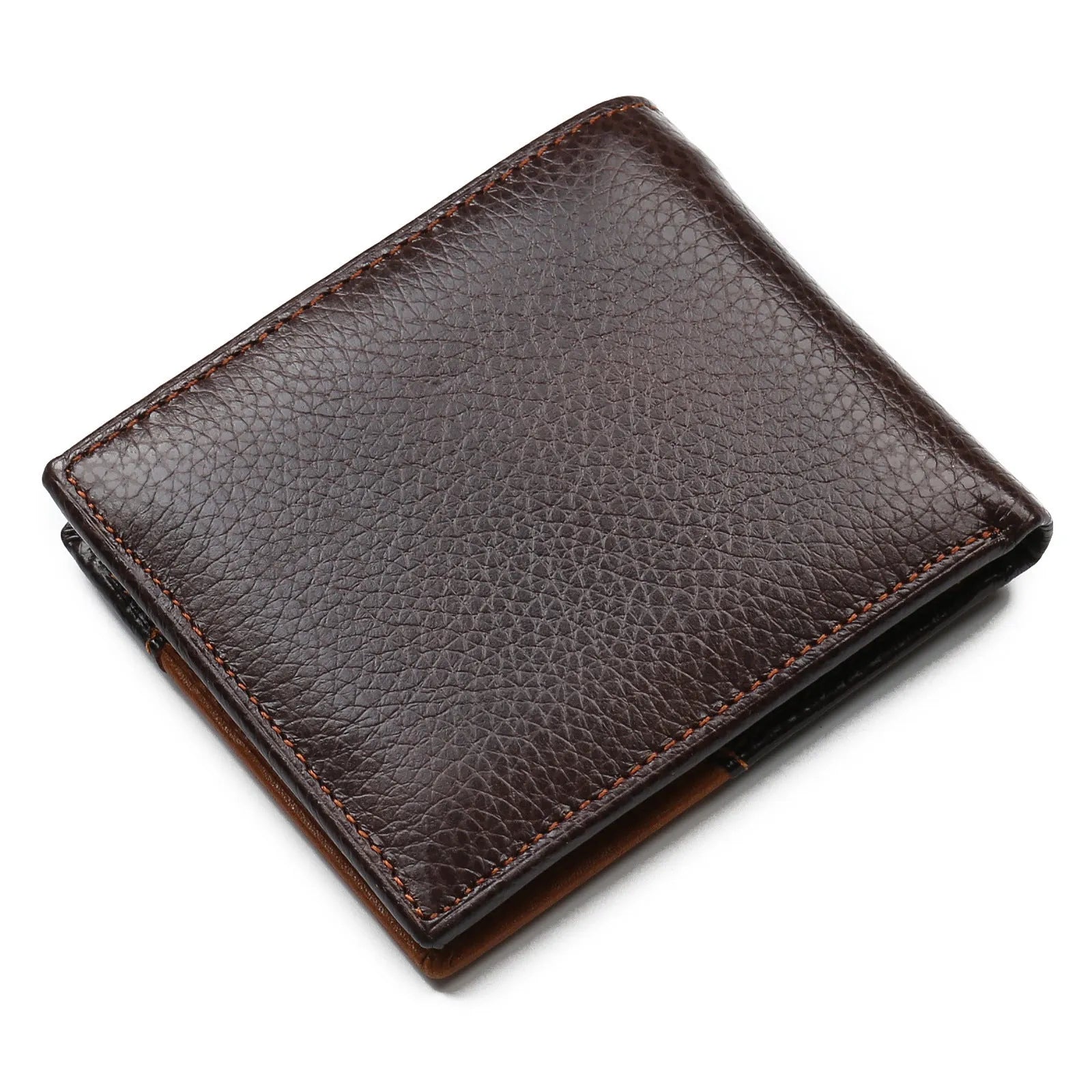 A Korean-style cowhide leather tri-fold wallet with personality stitching and a contrast colour interior.