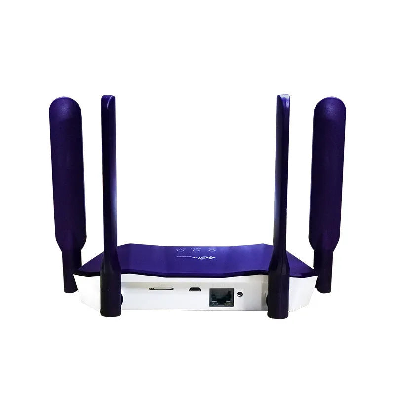 Blue 4G dual mode router with four external antennas showing front panel and connectivity ports