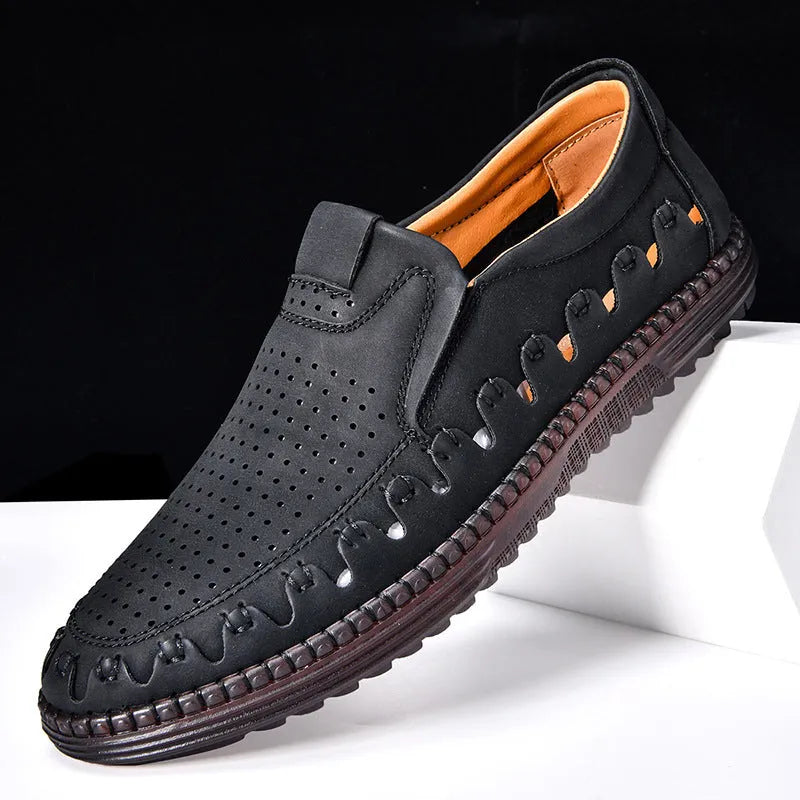 Men's brown handmade slip-on casual leather shoes with round toe and flat PVC sole