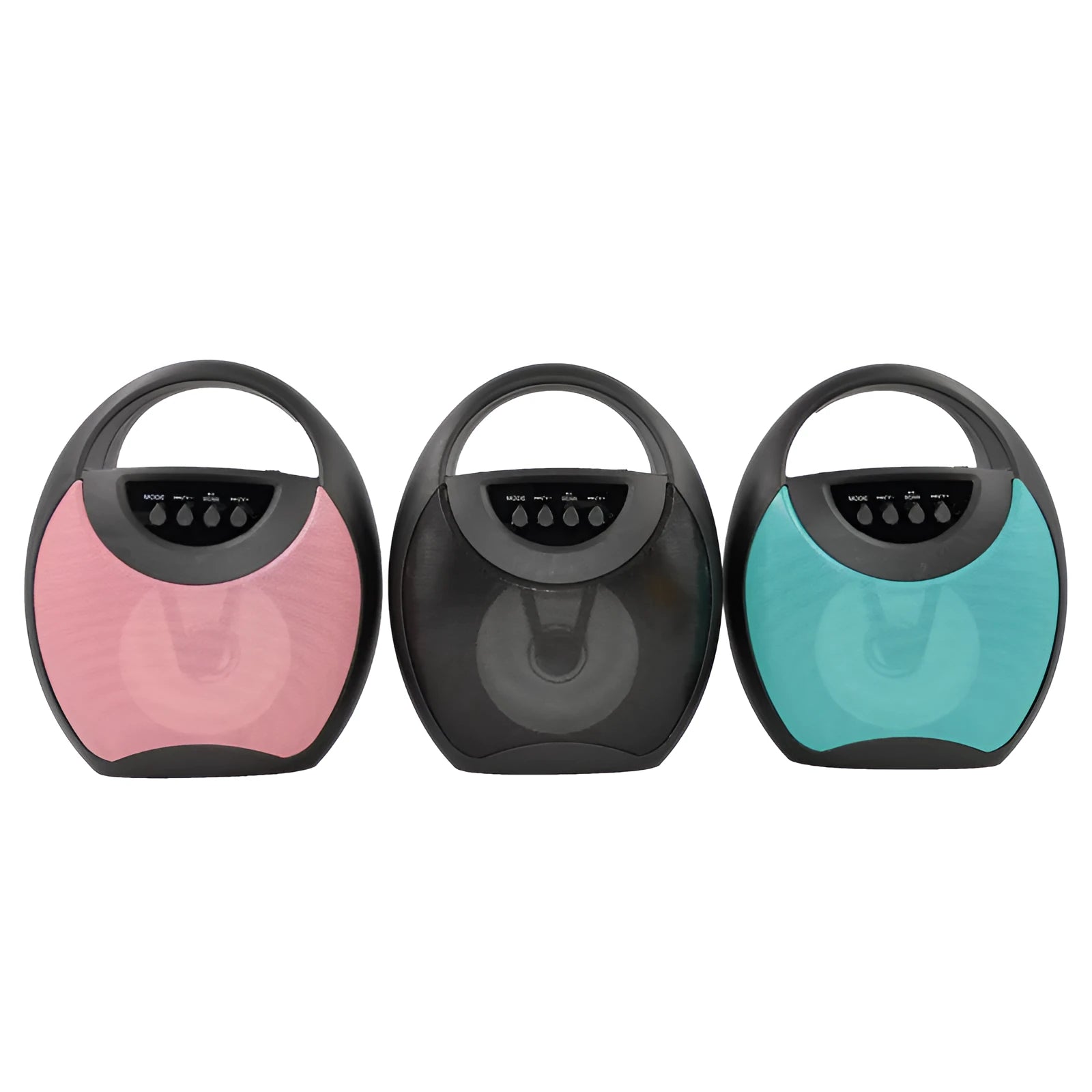 Portable Bluetooth speaker in black, blue, or pink colours showing USB port and SD card slot