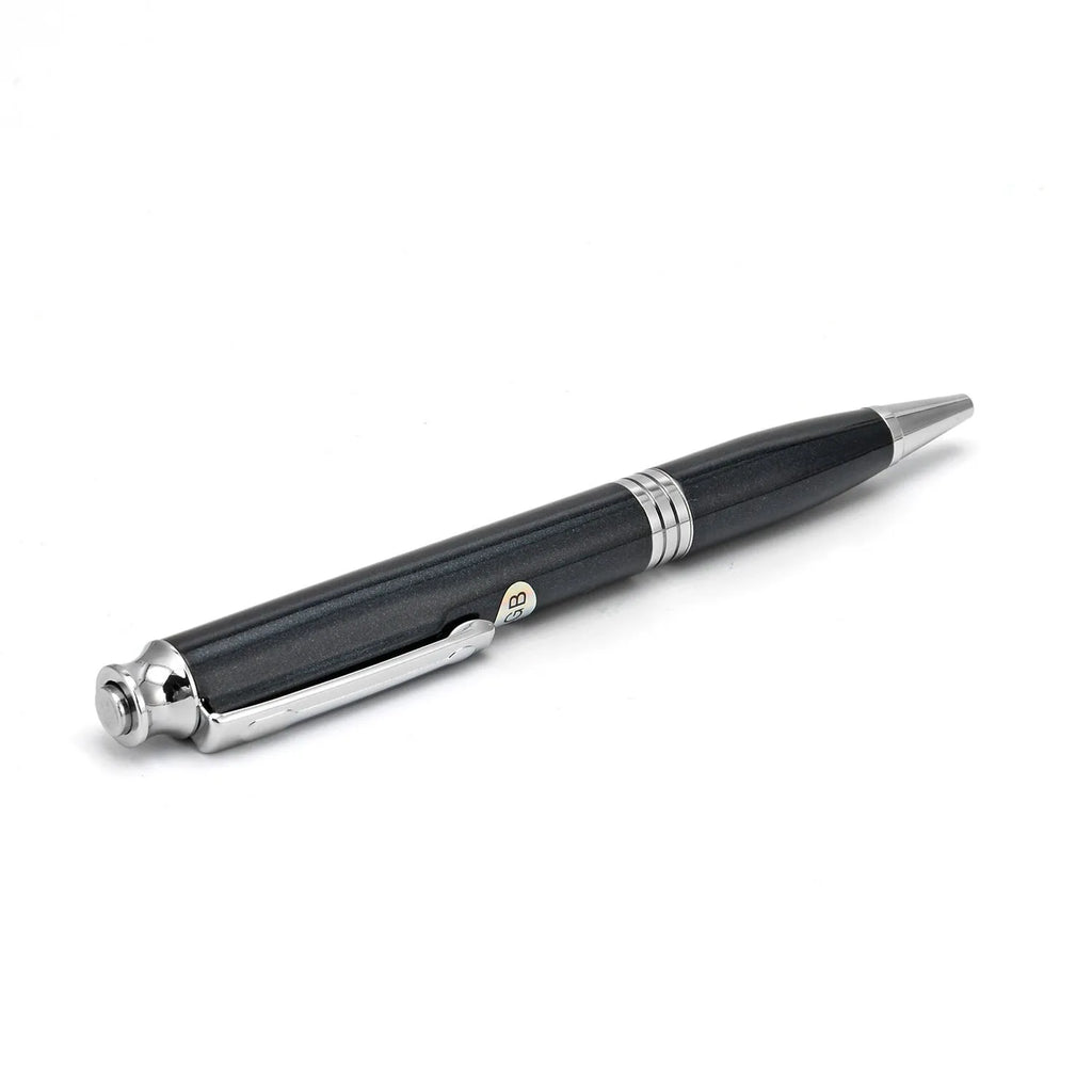 Black pen-style USB voice recorder MP3 player showing length and slim diameter