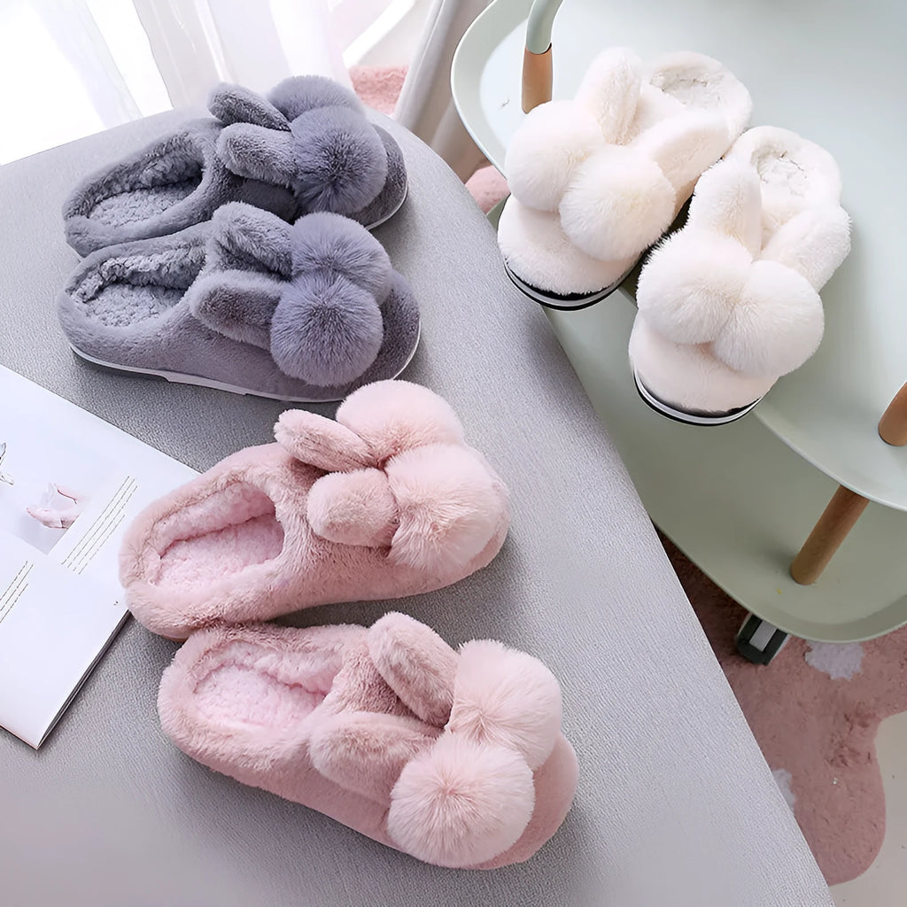 Women's rabbit fur high-top winter slippers with floral detail in cream colour