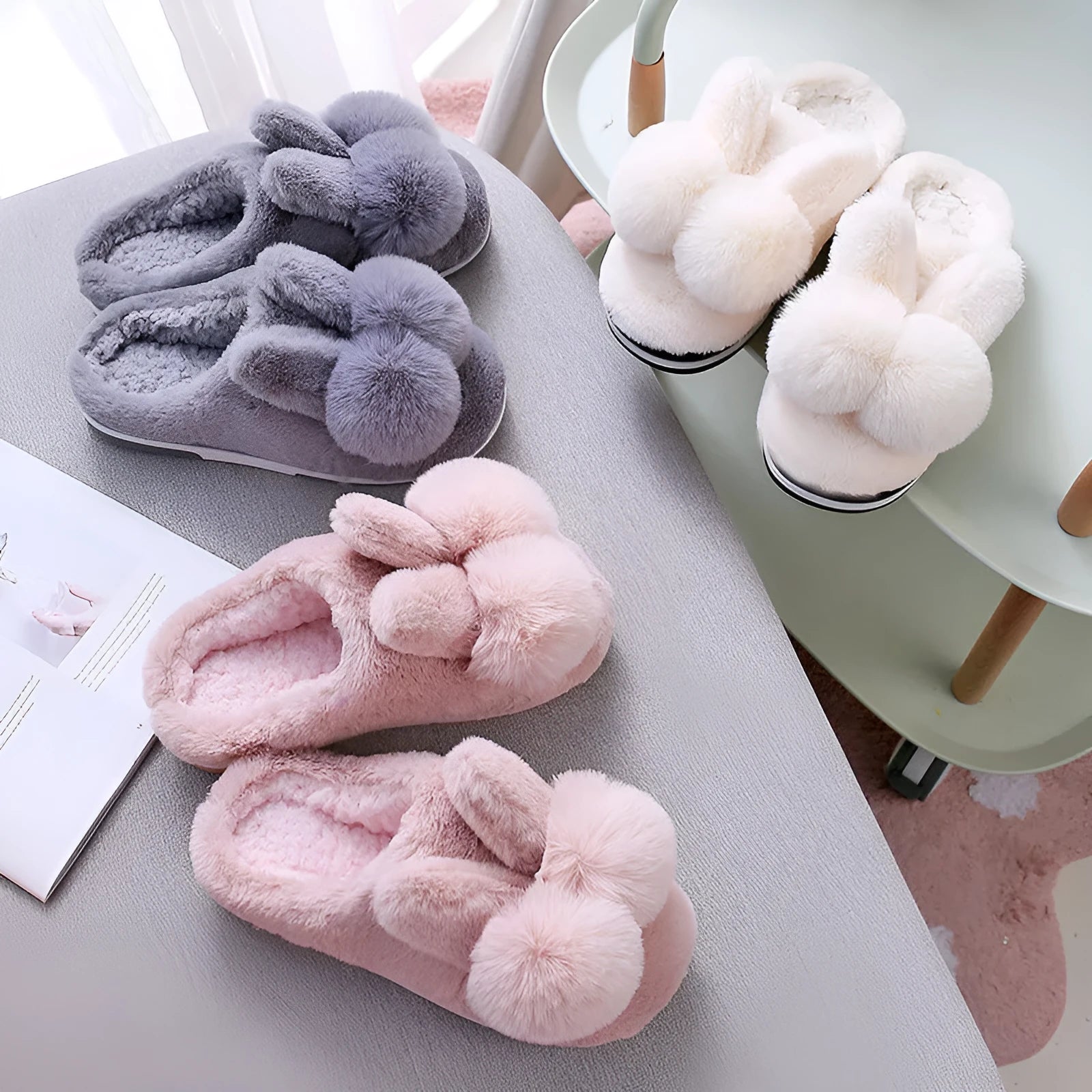 Women's rabbit fur high-top winter slippers with floral detail in cream colour