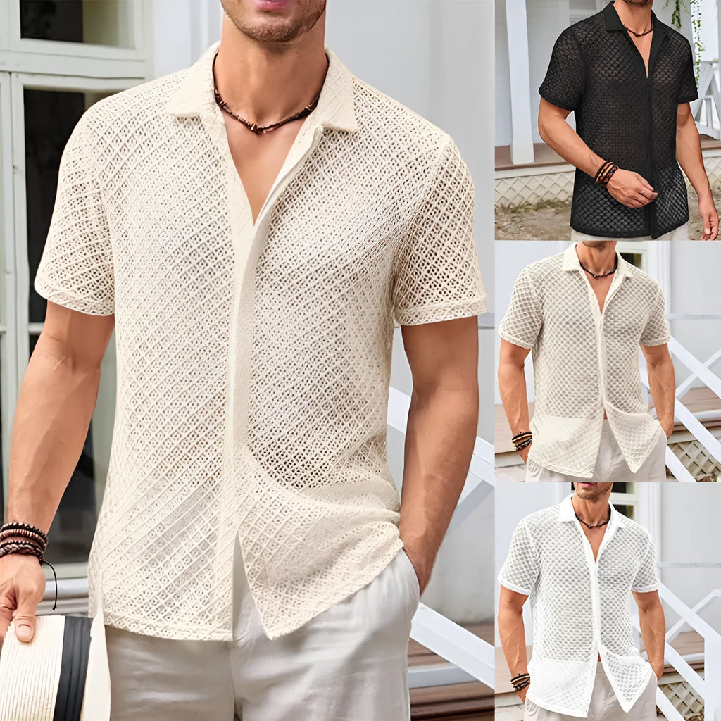 Man wearing a beige short sleeve lapel cardigan shirt on a beach