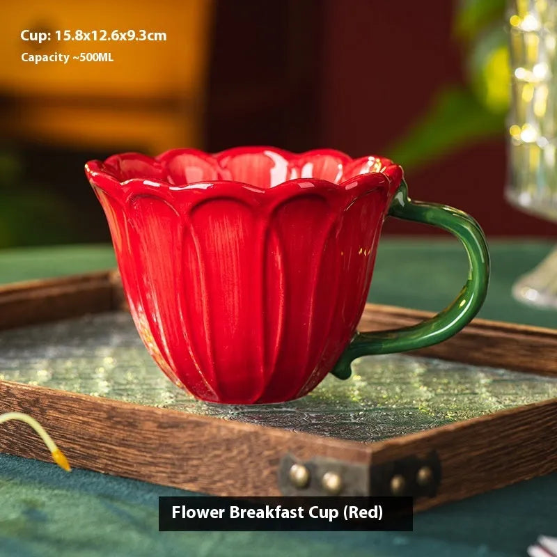 Ceramic breakfast cup with pastoral household flower pattern design in 500ml capacity