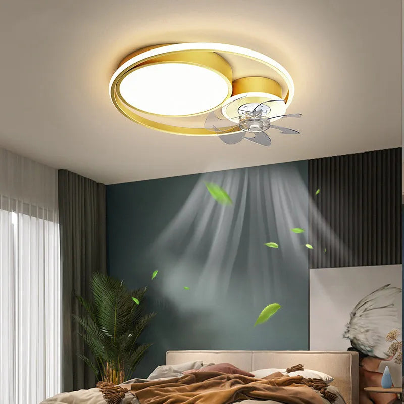 Nordic style ceiling fan light with integrated lamp and metal blades in black or gold finish.