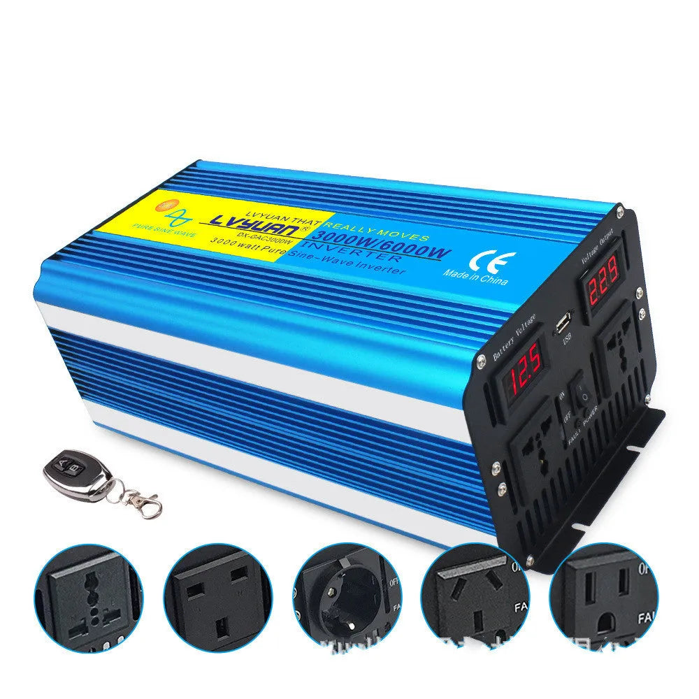 Blue 3000W pure sine wave car inverter with digital displays and UK sockets