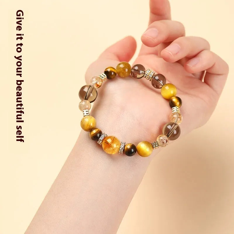 Tiger-eye crystal bracelet with geometric yellow beads in 10mm or 12mm sizes