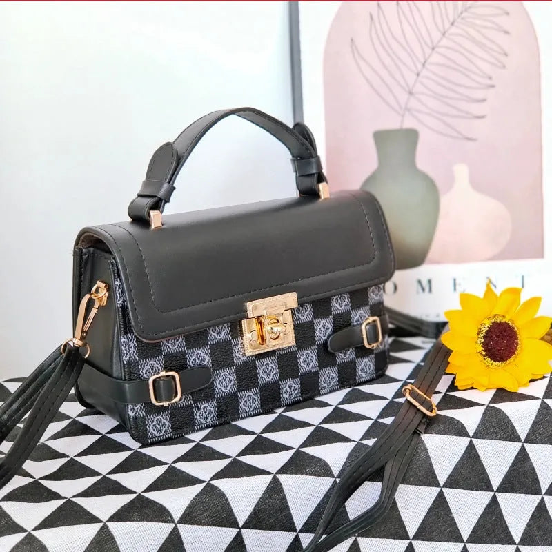 Retro ethnic crossbody bag with small square pattern and floral stitching in PU material