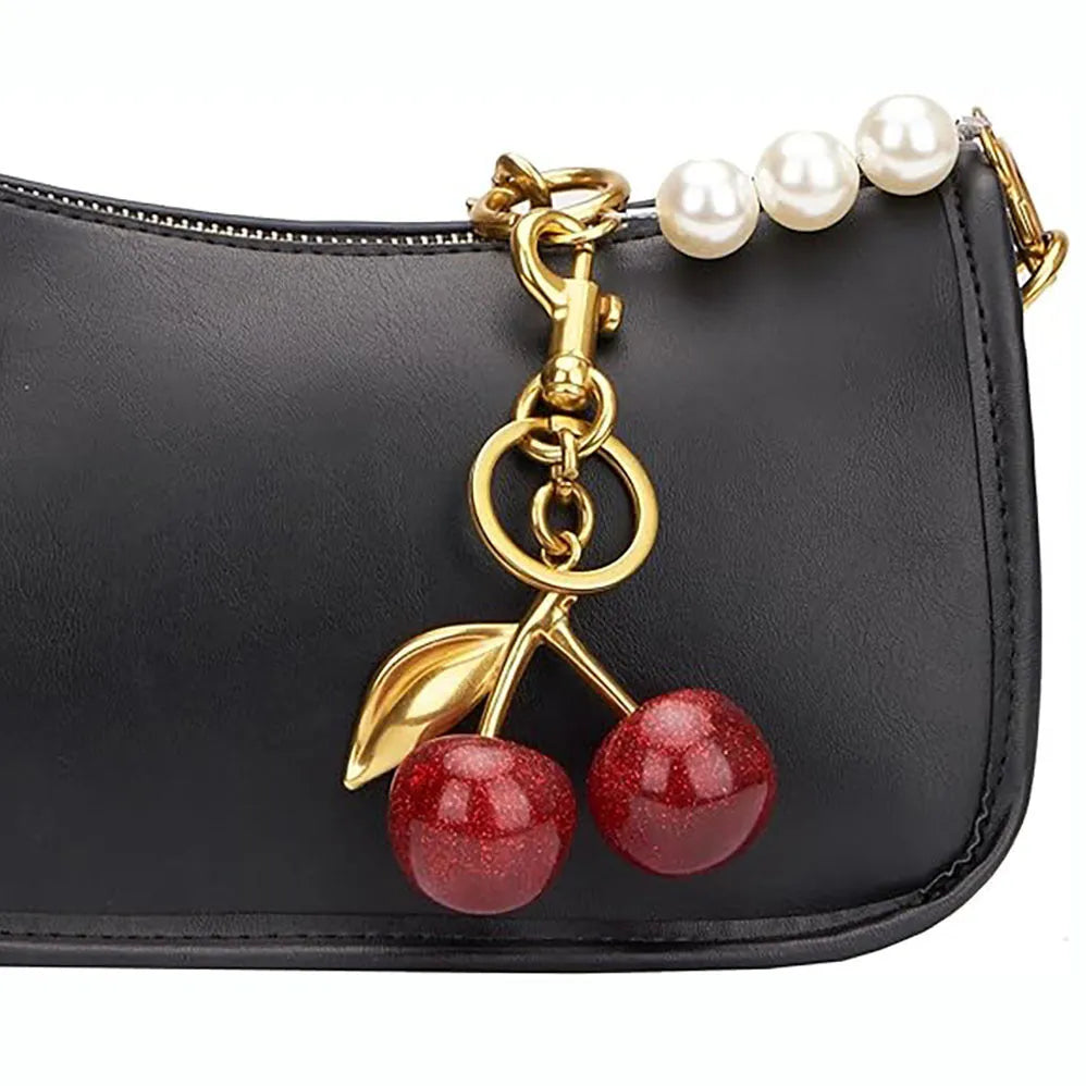 Zinc alloy key ring pendant with three-dimensional cherry design in pink colour
