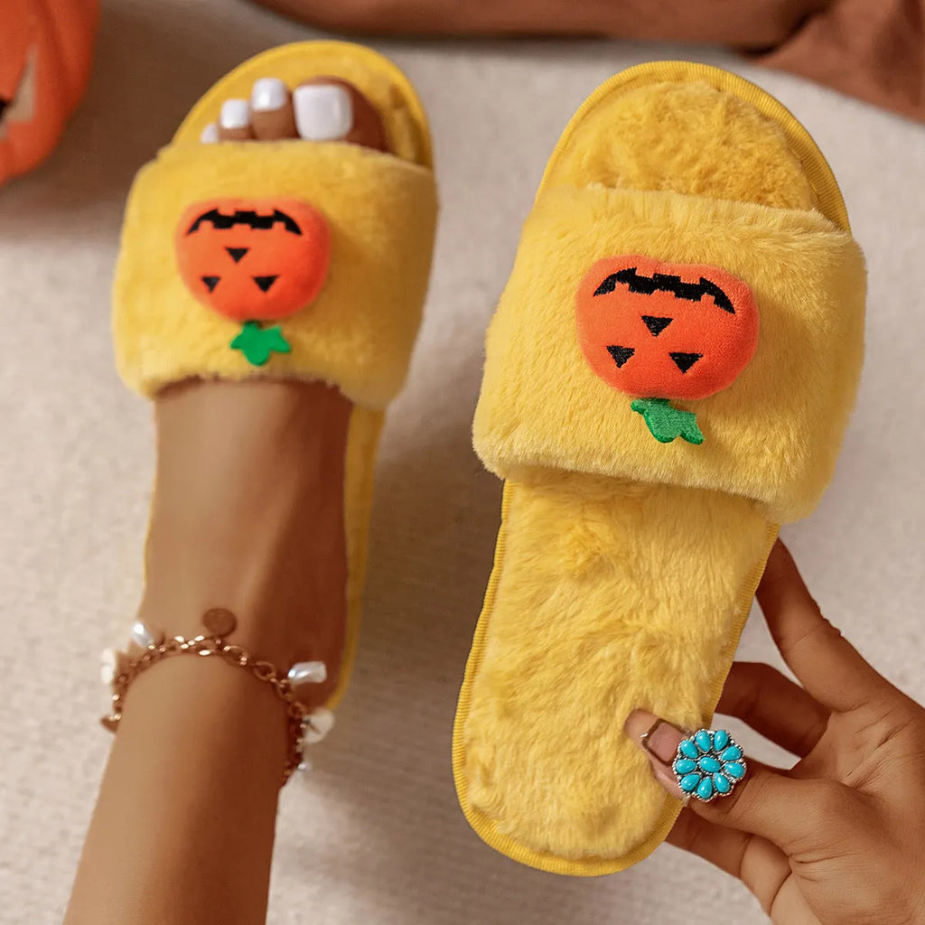 Halloween pumpkin plush open toe slippers in yellow with synthetic fur upper and PVC sole