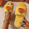 Halloween pumpkin plush open toe slippers in yellow with synthetic fur upper and PVC sole