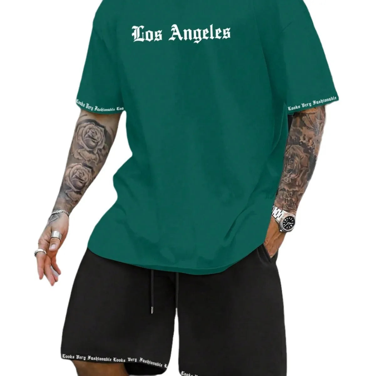 Men's printed sports shorts suit with short-sleeved top in multiple colour options