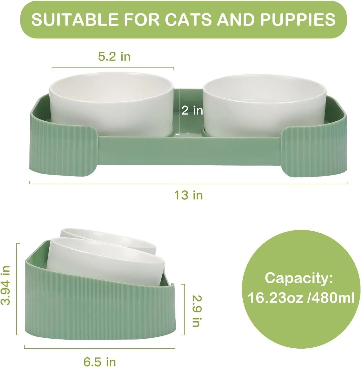 Ceramic elevated cat bowls with tilted stand and non-slip base in green, white or yellow