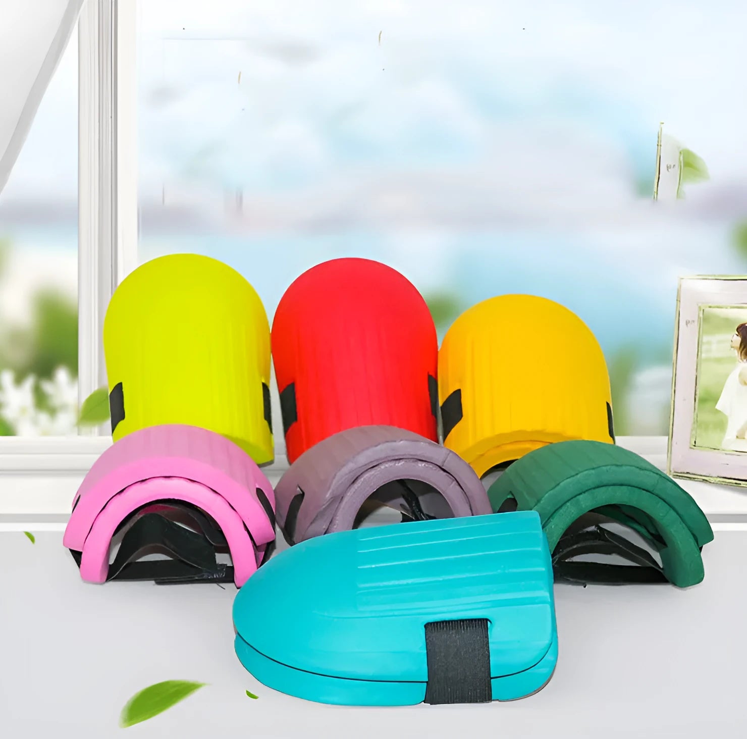 A pair of black EVA foam knee pads for gardening, shown from above on a hard surface.