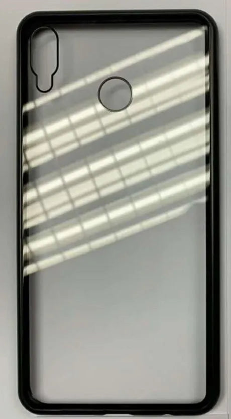 Huawei magnetic phone case with metal frame and tempered glass back in black, blue, red, or white