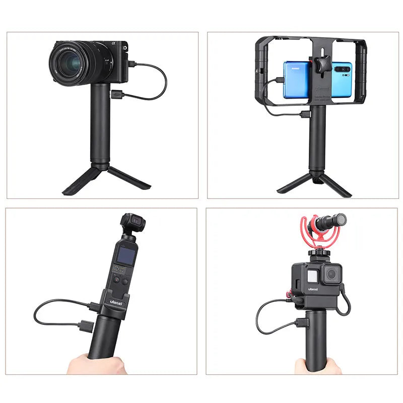 Black aluminium alloy portable power bank with an integrated handle, showing front view with scale.
