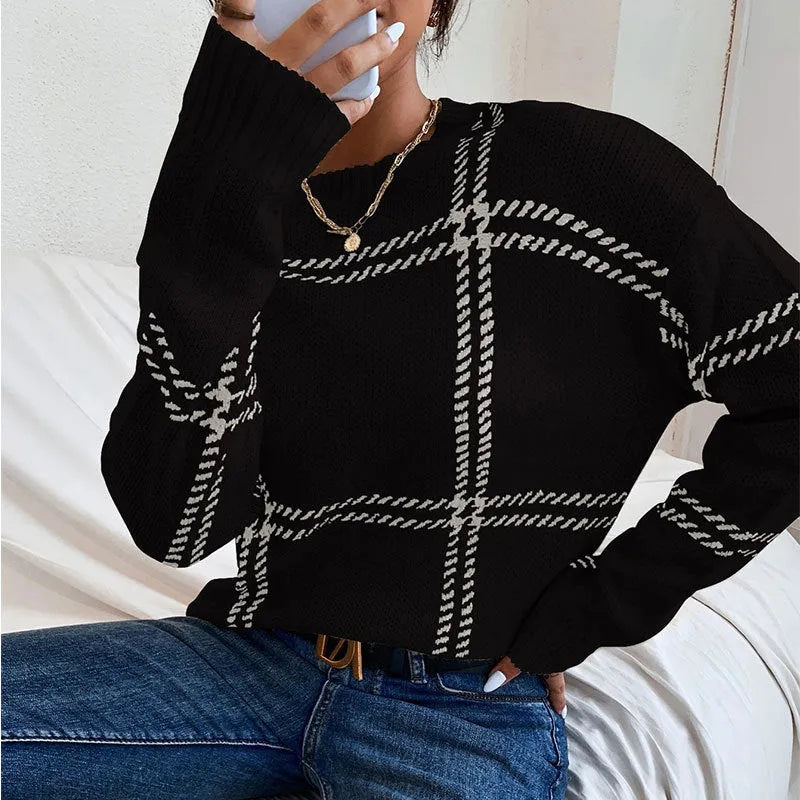 Women's casual plaid colour-block crew neck acrylic sweater in loose fit pullover style