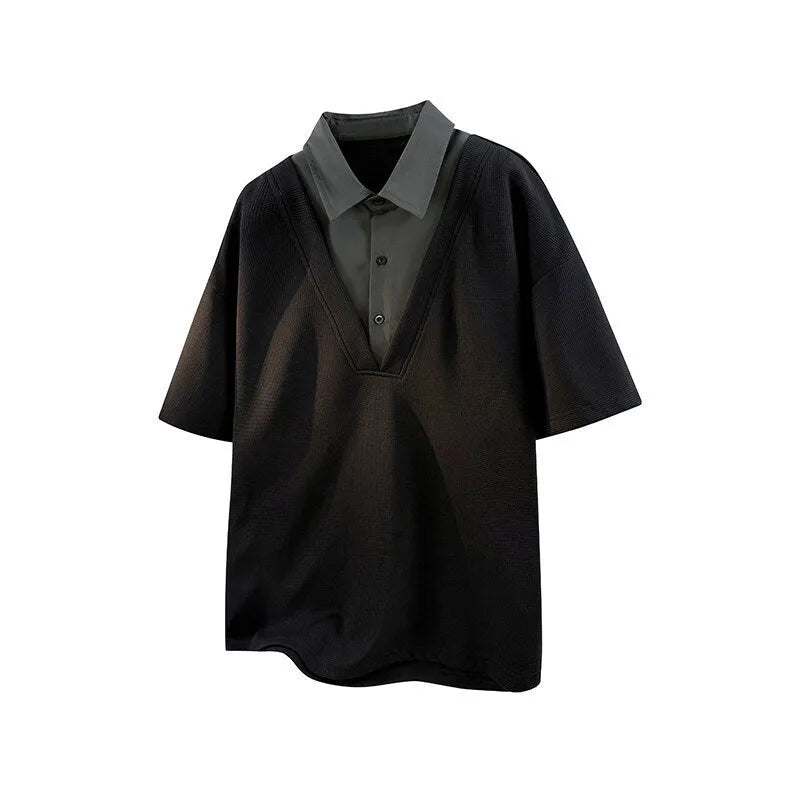 Men's apricot and black heavy Henry collar short sleeve polo sweater made from thin spandex fabric.