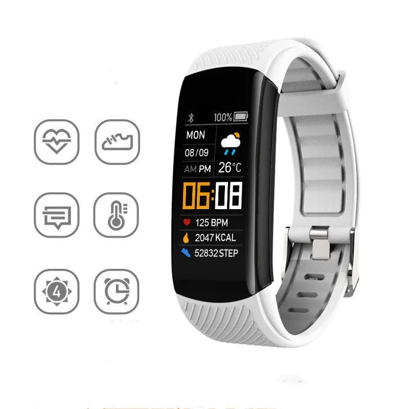 Black waterproof smart fitness tracker bracelet with 0.96-inch screen on a wrist