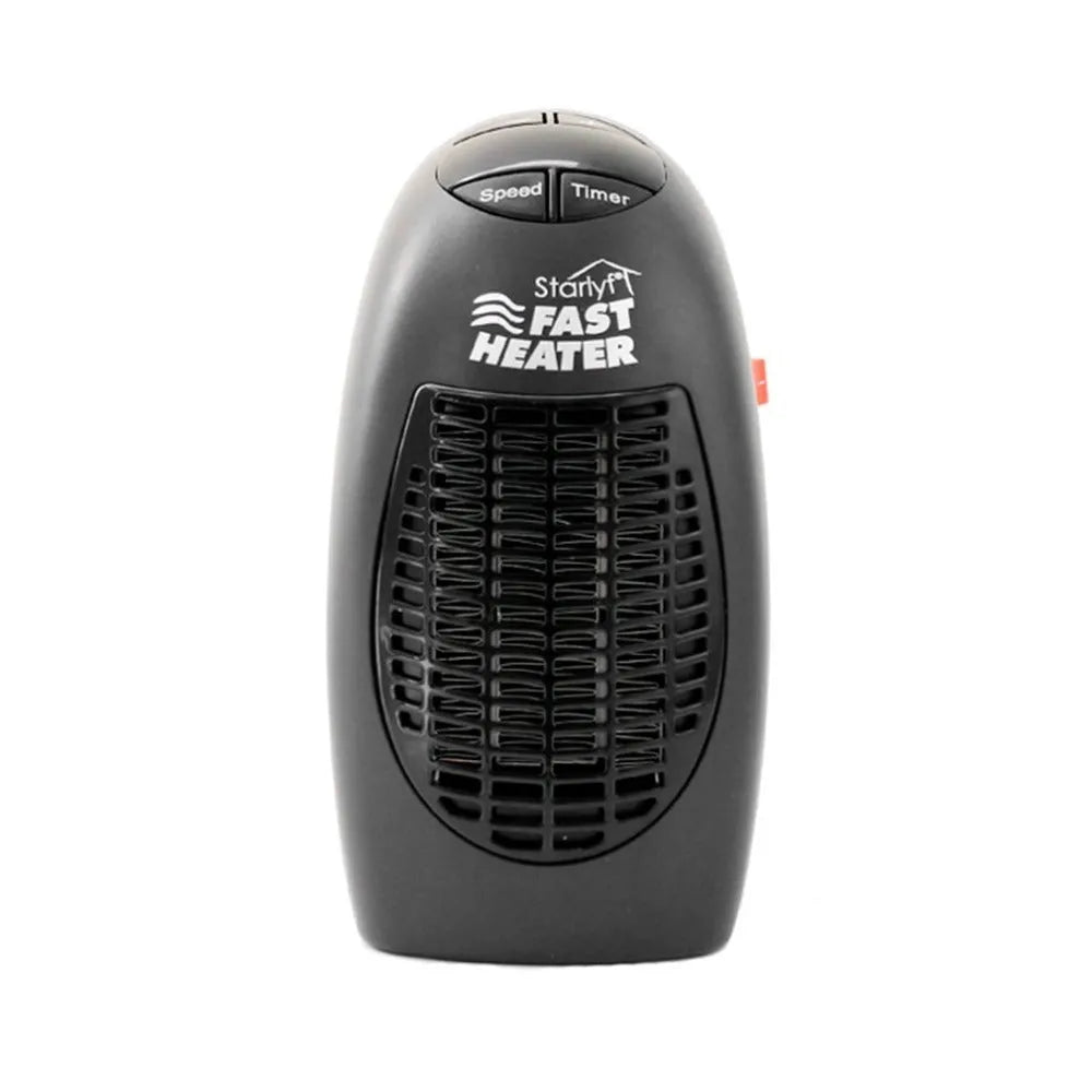 Black compact ceramic heater with digital display and rotating plug on desk