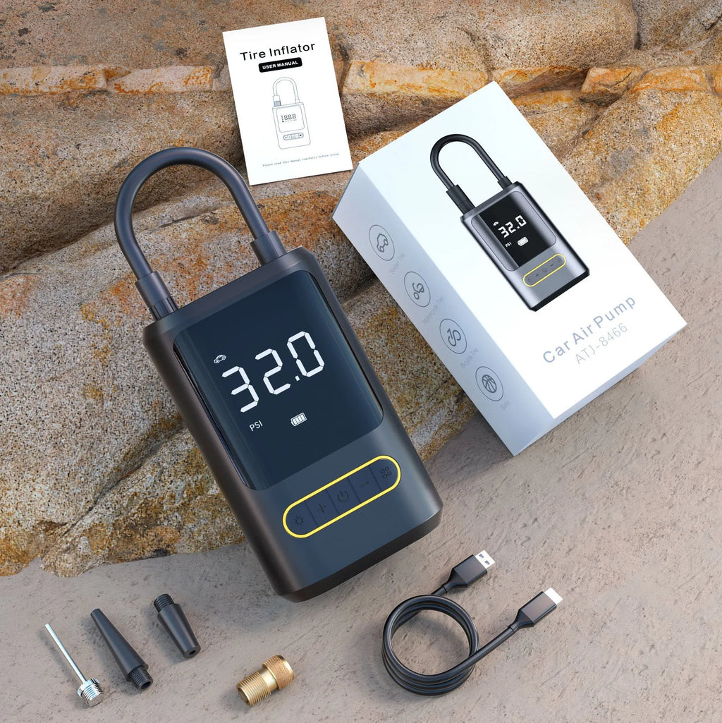 Handheld digital display car tyre inflator pump with LED screen, black ABS body, and air hose.