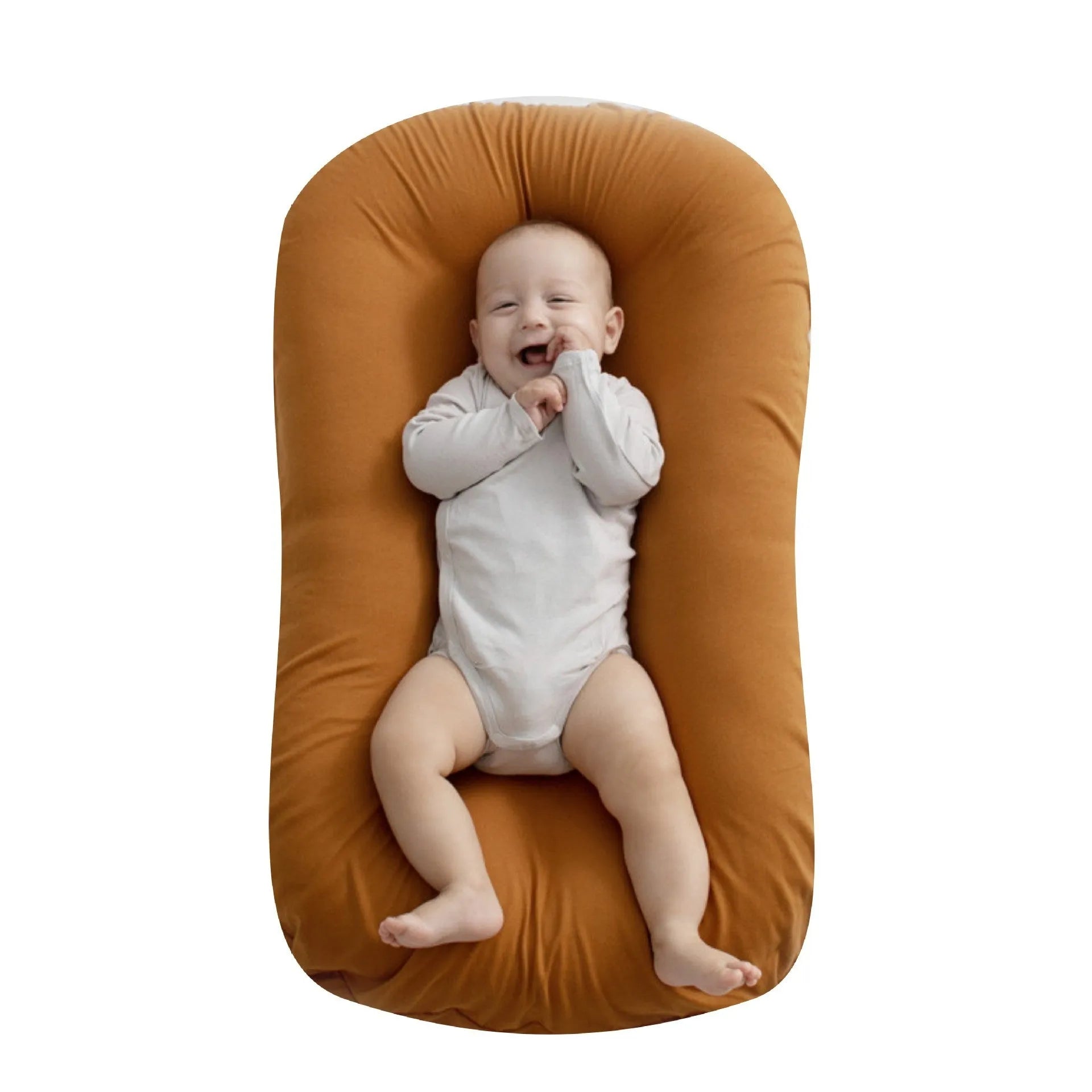 Beige portable cotton baby nest bed crib for newborns, measuring 75 cm by 45 cm.