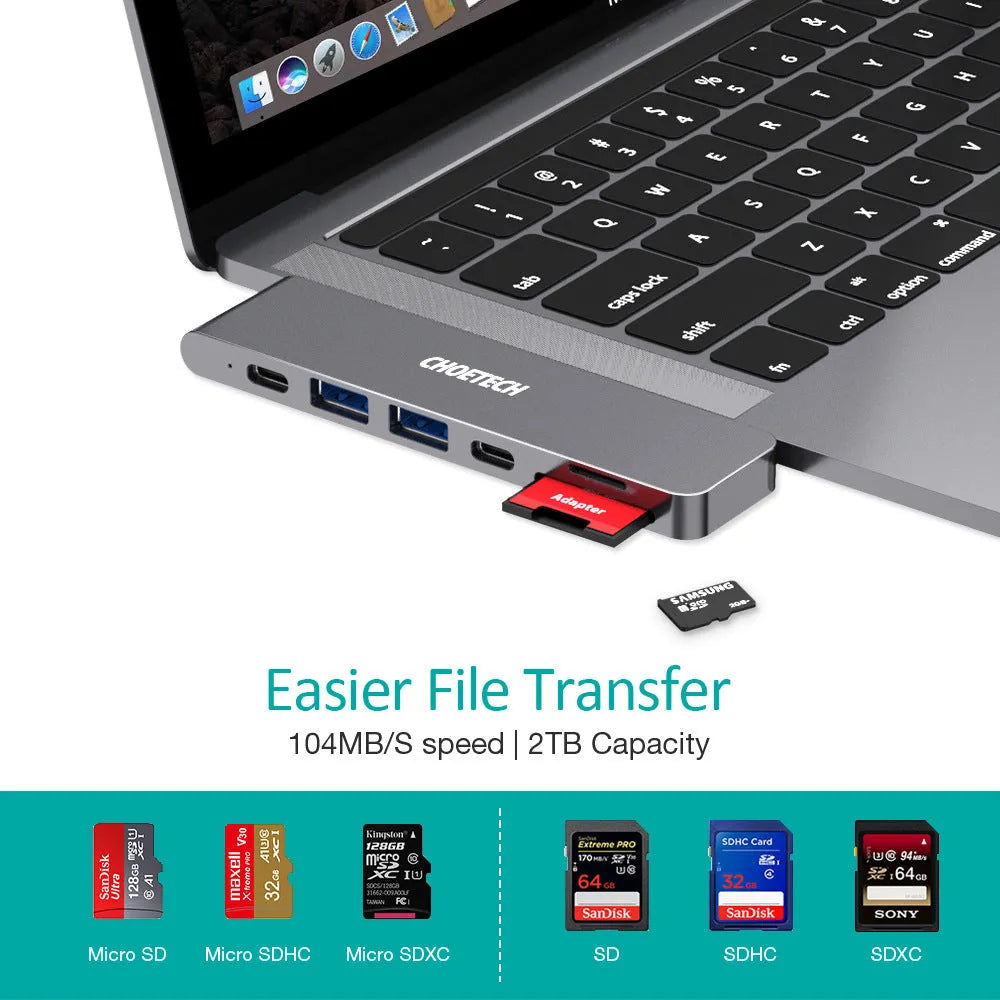 Type C adapter with SD and Micro SD card slots, HDMI, USB 3.0, and charging ports