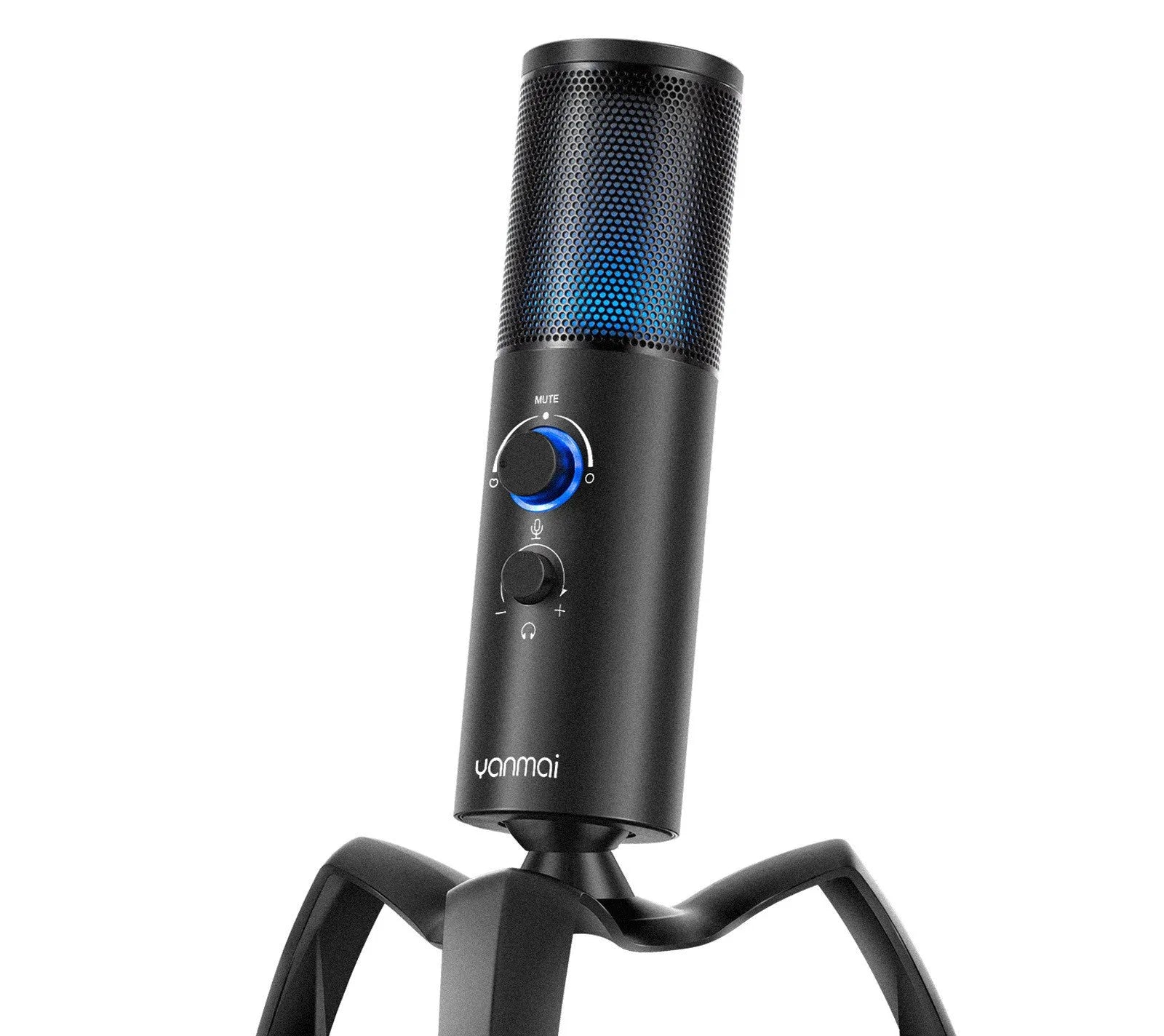 Black Q18 USB condenser microphone on a tripod stand with RGB lighting effects.