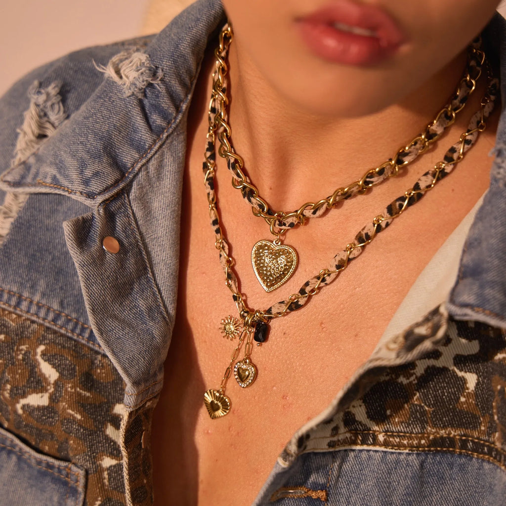 Geometric leopard love pendant necklace on stainless steel chain with 18K electroplating