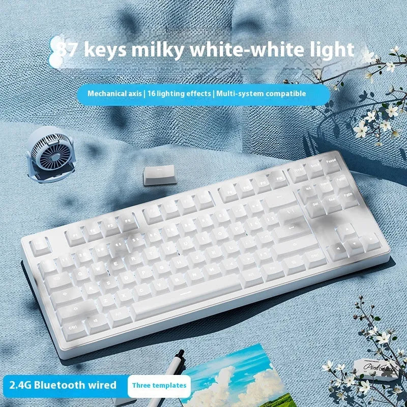 Mechanical keyboard with three connectivity modes in black, white, pink, or blue-white colour options