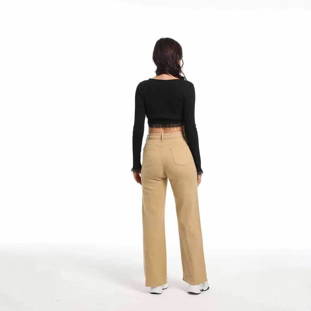 Women's straight wide-leg autumn jeans in apricot colour with high waist design