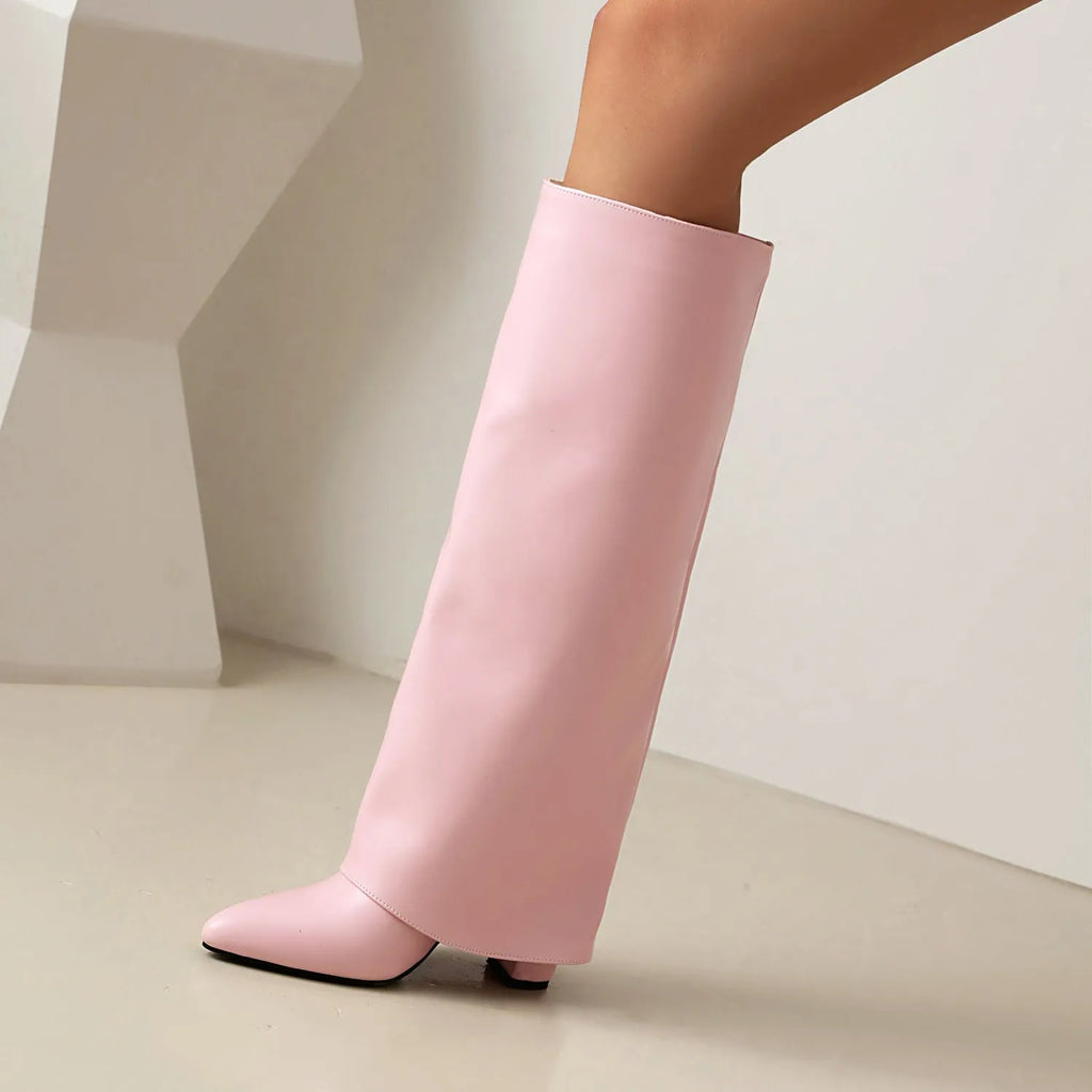 Women's plus size high heel boots in black artificial PU with sewing line detail and high cylinder shaft.