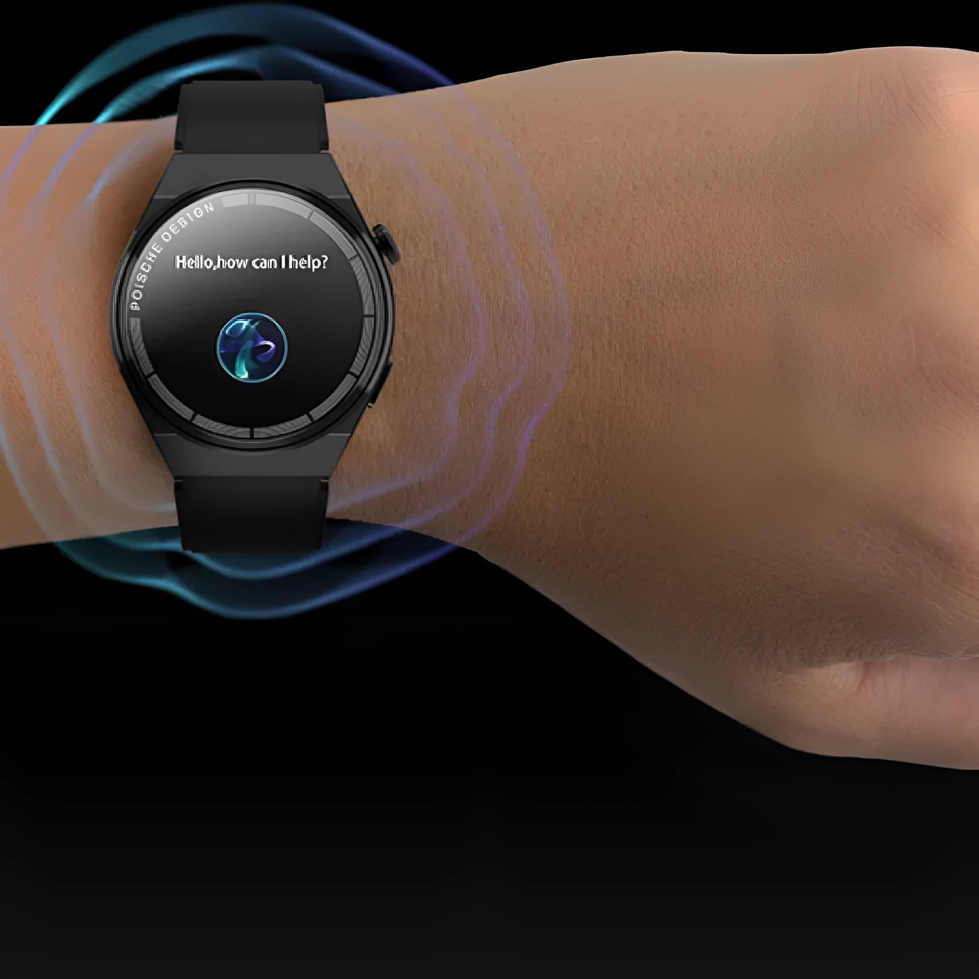 Circular black smartwatch with a 1.39-inch screen on a silicone wrist strap