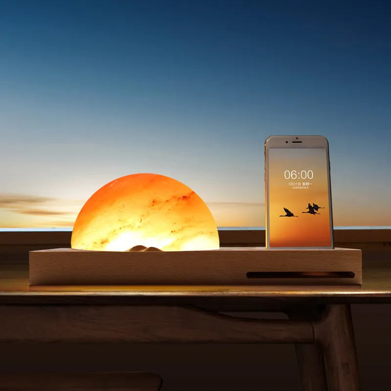 Sunrise Oriental wireless charging salt lamp with natural crystal shade on beech wood base