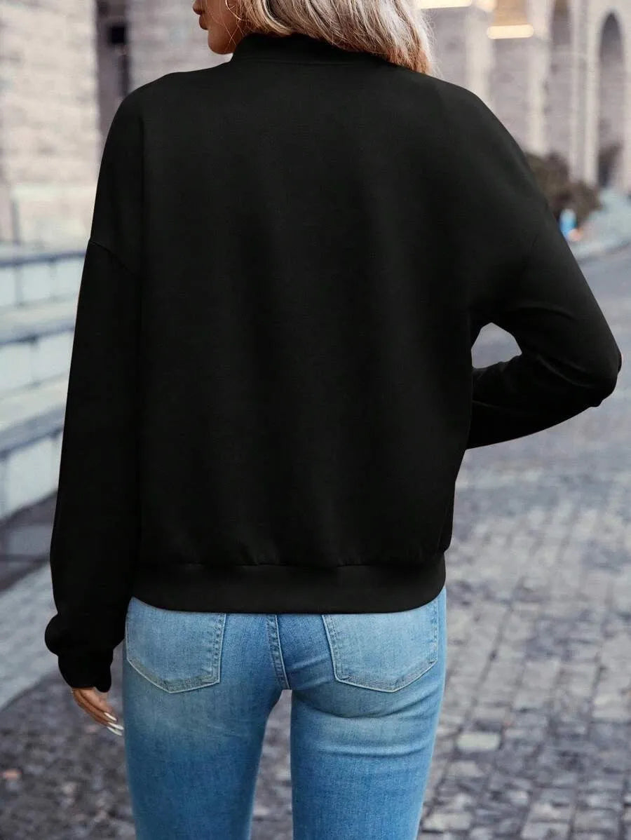 Black faux pocket zip jacket for women with long sleeves and casual Japanese Korean style in solid color