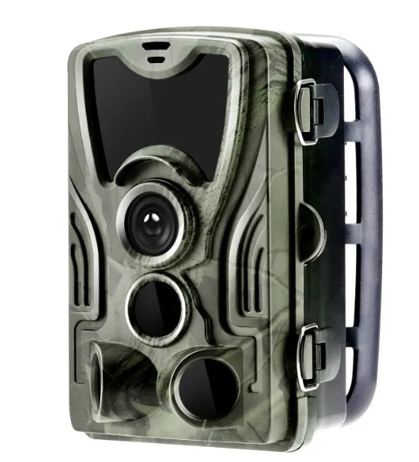Green cellular trail camera with display screen, infrared LEDs and mounting bracket for outdoor wildlife monitoring