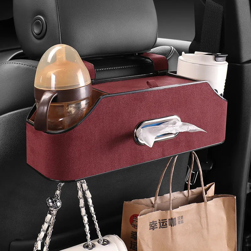 Genuine leather car tissue box holder with 2L storage capacity suspended in vehicle