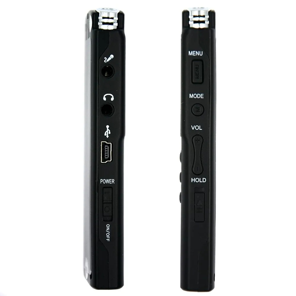 USB digital voice recorder with external microphone connection, compact black recording device